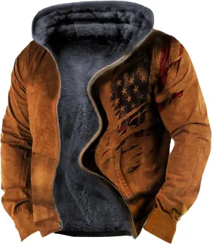 Men's Winter Warm Coats Zip Up Western Fleece Jackets Casual Retro Patriotic Sherpa Jacket Fall Country Cowboy Coats
