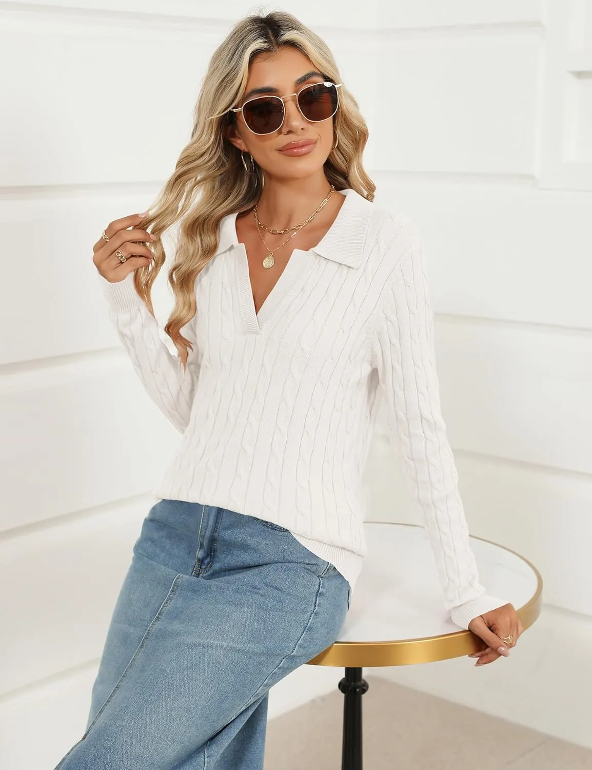 Micoson Womens Fall Long Sleeve Sweaters Lapel V Neck Cable Knitted Pullover Casual Soft Jumper Top