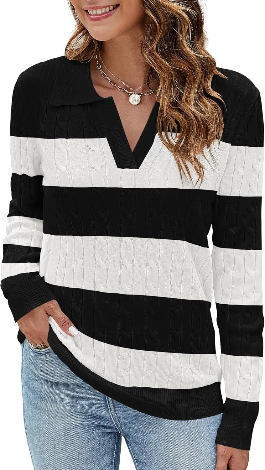 Micoson Womens Fall Long Sleeve Sweaters Lapel V Neck Cable Knitted Pullover Casual Soft Jumper Top
