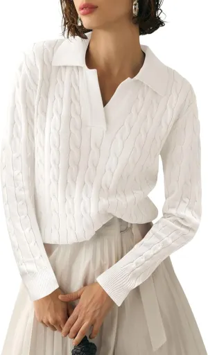 Micoson Womens Fall Long Sleeve Sweaters Lapel V Neck Cable Knitted Pullover Casual Soft Jumper Top
