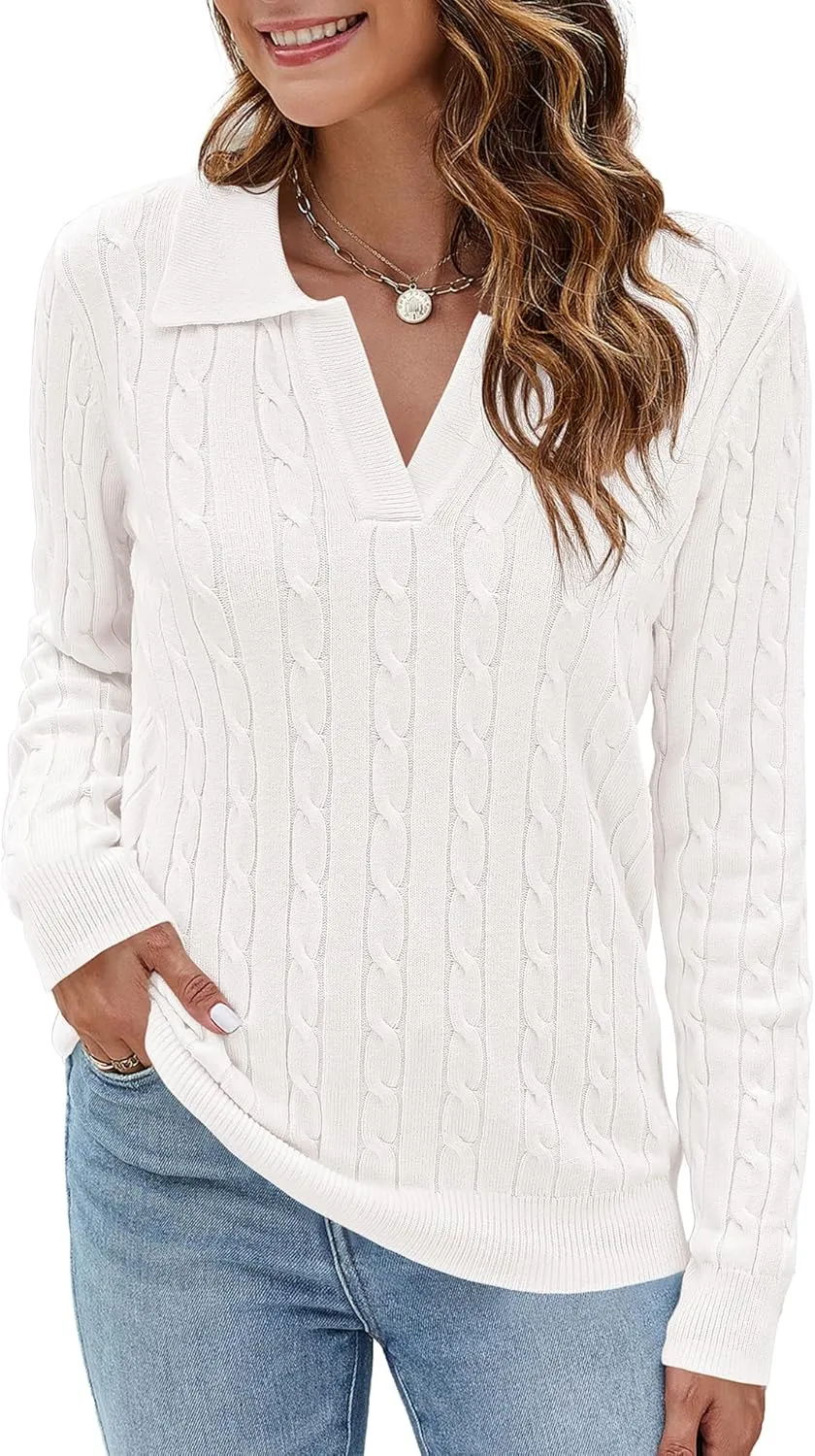 Micoson Womens Fall Long Sleeve Sweaters Lapel V Neck Cable Knitted Pullover Casual Soft Jumper Top