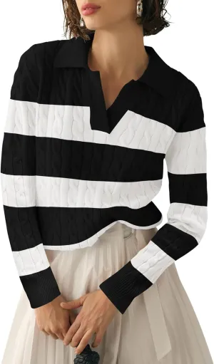 Micoson Womens Fall Long Sleeve Sweaters Lapel V Neck Cable Knitted Pullover Casual Soft Jumper Top