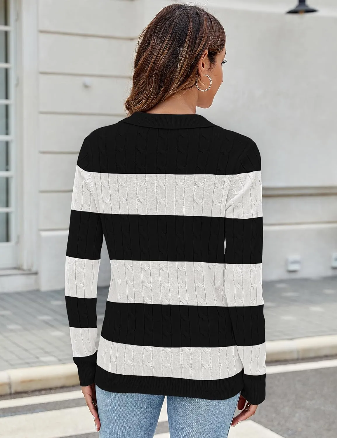Micoson Womens Fall Long Sleeve Sweaters Lapel V Neck Cable Knitted Pullover Casual Soft Jumper Top