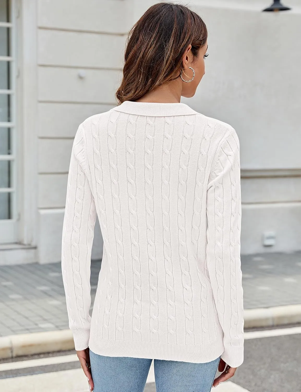 Micoson Womens Fall Long Sleeve Sweaters Lapel V Neck Cable Knitted Pullover Casual Soft Jumper Top