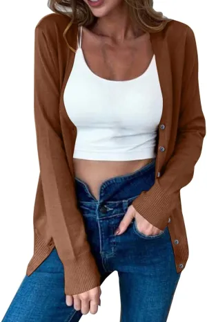 MRGIINRI Womens 2024 Fall Cardigan Sweaters Lightweight V-Neck Long Sleeve Open Front Button Up Knitted Cardigans Outerwear
