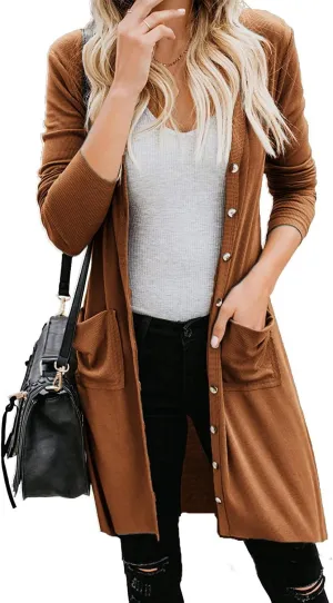 Naggoo Women's Long Cardigans Button Down Cardigan Open Front Knit Loose Cardigans with Pockets