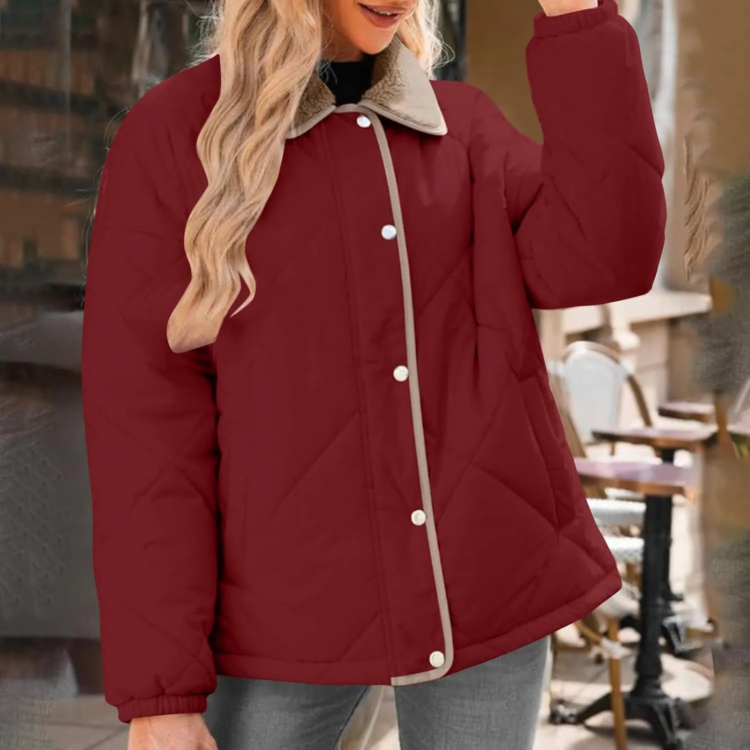NATHGAM Women's Winter Casual Quilted Jackets Lightweight Warm Puffer Jacket Thermal Lapel Button Padded Down Coat Outerwear