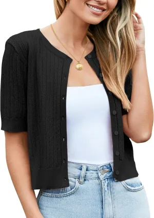 Newshows Womens Cropped Cardigan Sweaters 2025 Summer Lightweight Short Sleeve Bolero Shrug Hollow Out Button Down Tops