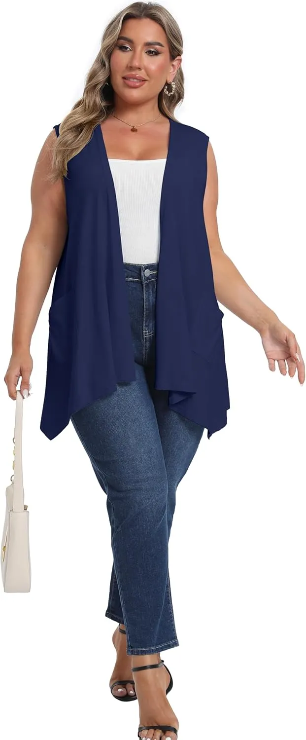 OLRIK Lightweight Plus Size Cardigan with Pocket Sleeveless Cardigans for Women Summer