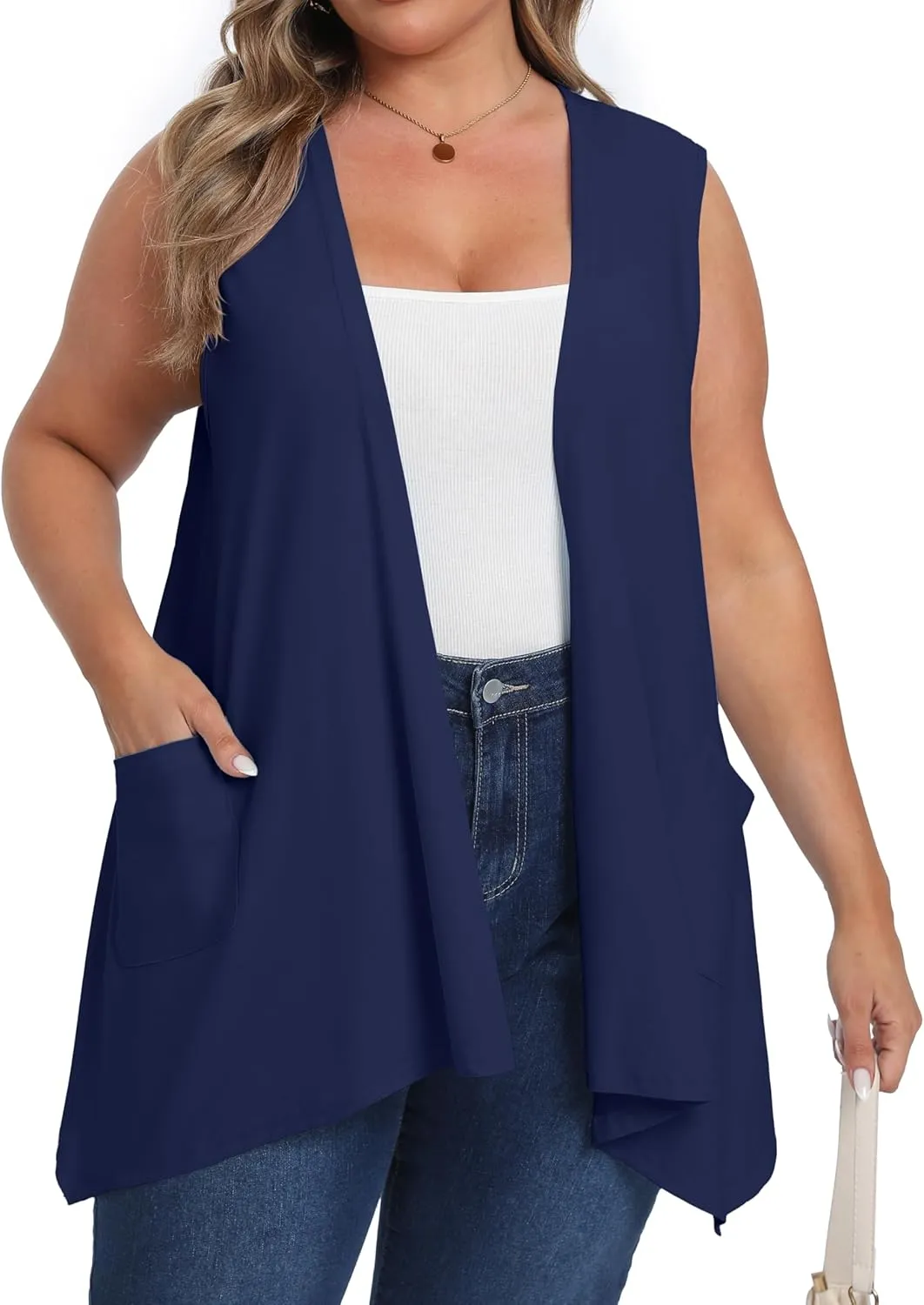 OLRIK Lightweight Plus Size Cardigan with Pocket Sleeveless Cardigans for Women Summer