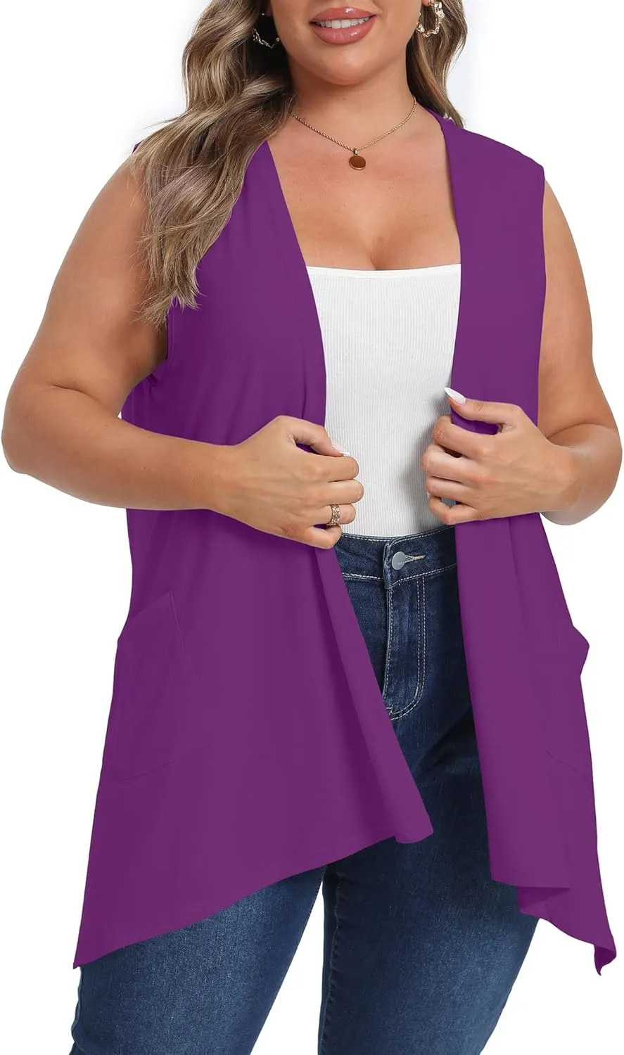 OLRIK Lightweight Plus Size Cardigan with Pocket Sleeveless Cardigans for Women Summer