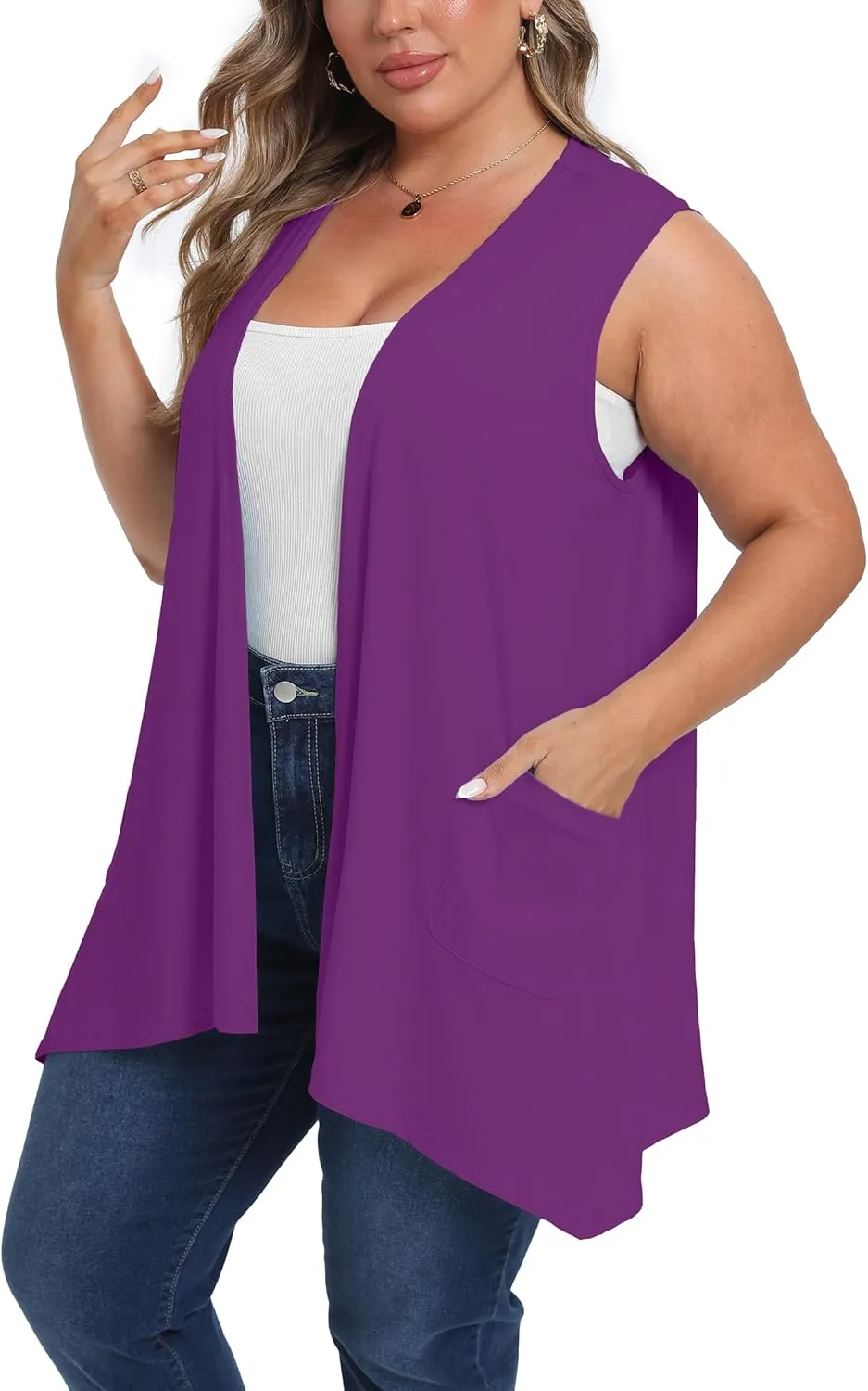 OLRIK Lightweight Plus Size Cardigan with Pocket Sleeveless Cardigans for Women Summer