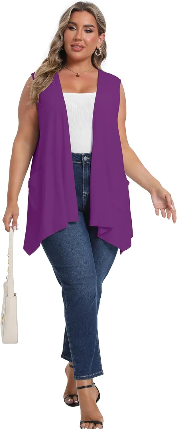 OLRIK Lightweight Plus Size Cardigan with Pocket Sleeveless Cardigans for Women Summer
