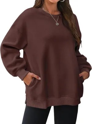 Oversized Crewneck Sweatshirts for Women Soft Fleece Long Sleeve Casual Cute Pullover Top Comfy Fall Clothes Pocket