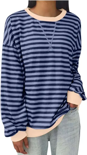 Oversized Striped Hoodie for Women Fashion Loose Fit Drop Shoulder Round Neck Tops Casual Fall Workout Sweatshirts