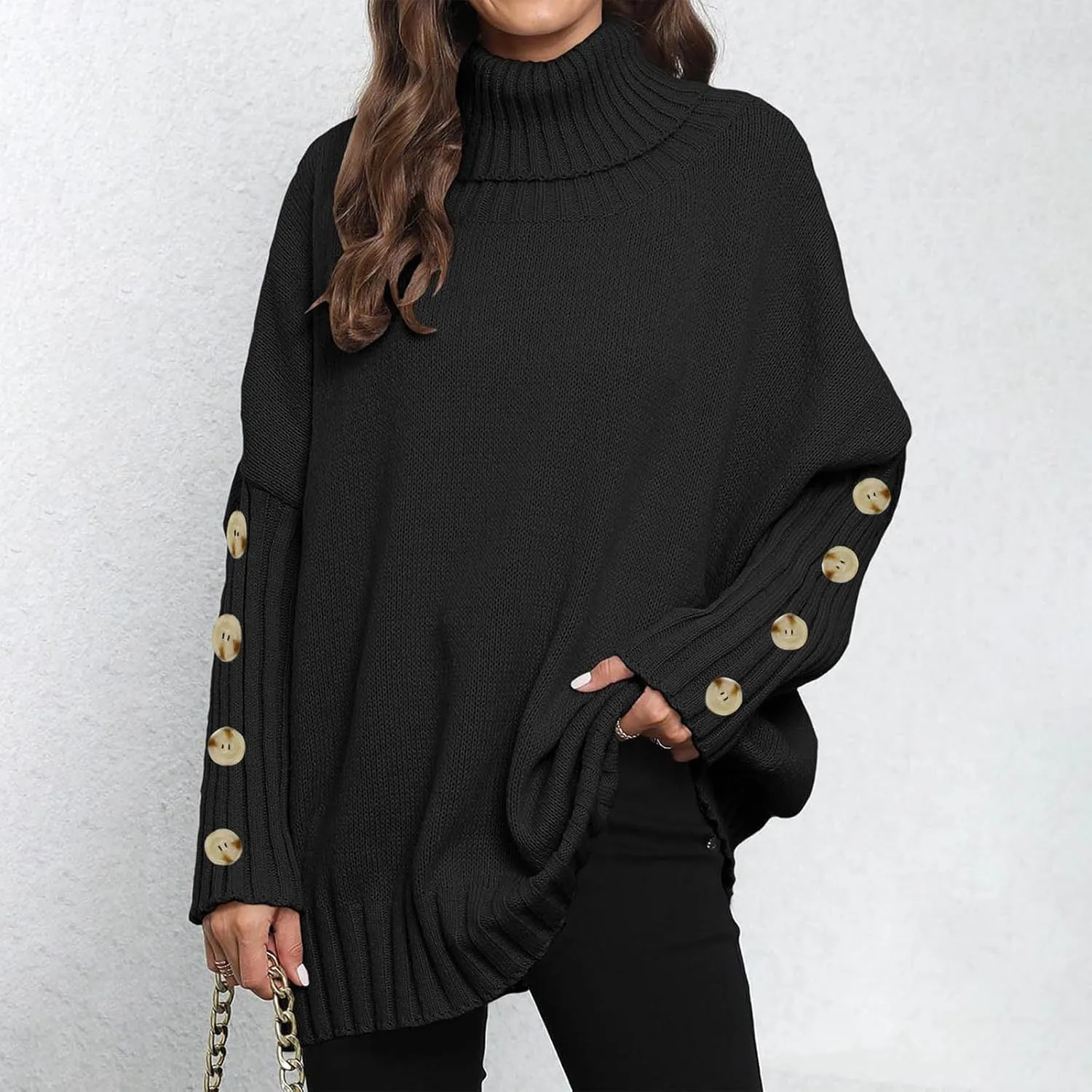 Oversized Sweaters for Women Turtle Neck Long Sleeve Blouse Loose Button Down Sweater Thick Warm Pullover Blouse