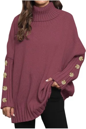 Oversized Sweaters for Women Turtle Neck Long Sleeve Blouse Loose Button Down Sweater Thick Warm Pullover Blouse