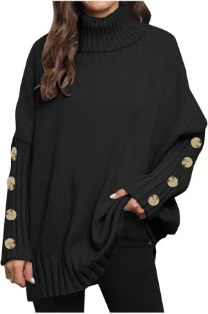 Oversized Sweaters for Women Turtle Neck Long Sleeve Blouse Loose Button Down Sweater Thick Warm Pullover Blouse