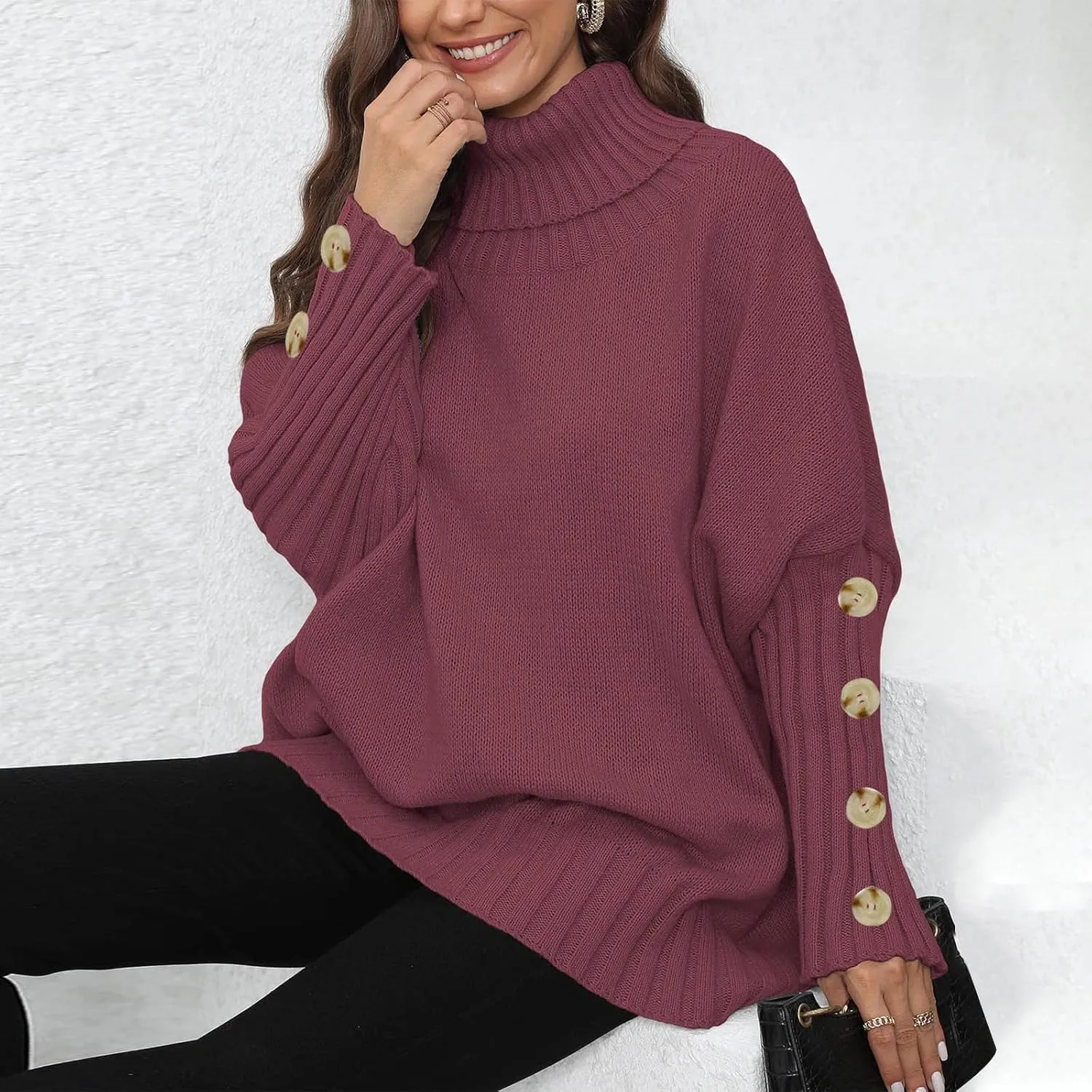 Oversized Sweaters for Women Turtle Neck Long Sleeve Blouse Loose Button Down Sweater Thick Warm Pullover Blouse