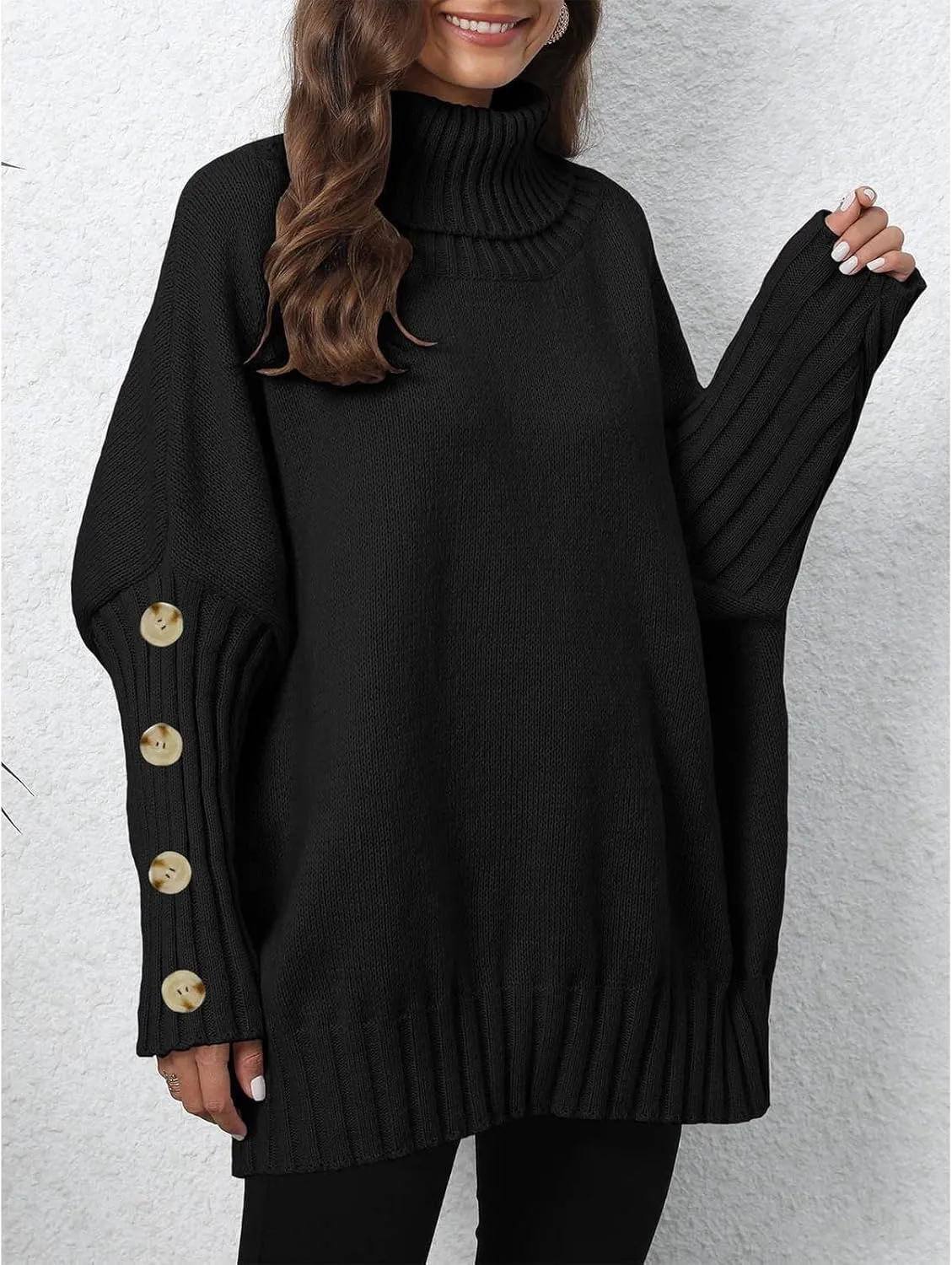 Oversized Sweaters for Women Turtle Neck Long Sleeve Blouse Loose Button Down Sweater Thick Warm Pullover Blouse