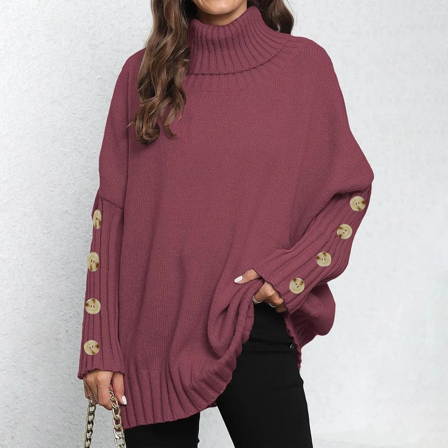 Oversized Sweaters for Women Turtle Neck Long Sleeve Blouse Loose Button Down Sweater Thick Warm Pullover Blouse