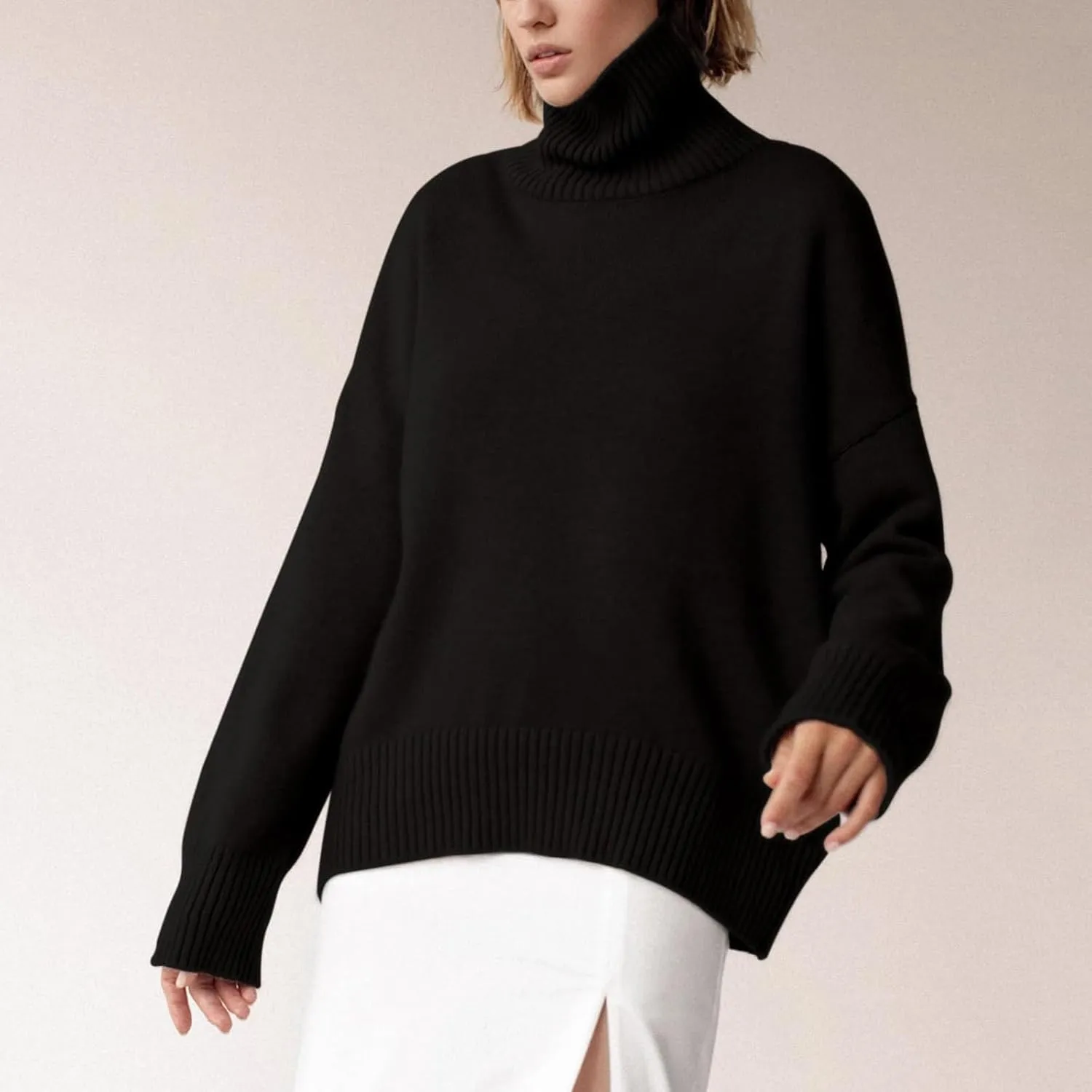 Oversized Sweaters for Women Turtleneck Sweater Long Sleeve Chunky Knitted Pullover High Low Hem Fall Jumper Tops