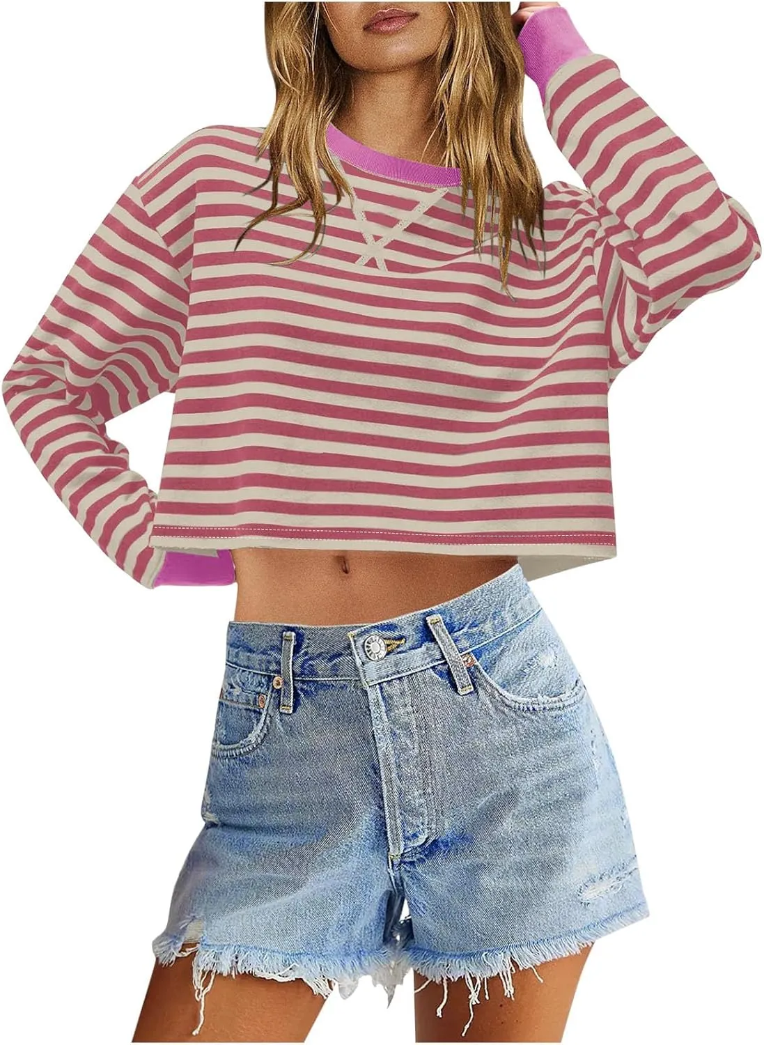 Oversized Sweatshirt for Women Cropped Crewneck Striped Colour Block Pullover Tops Long Sleeve Fleece Top Blouses