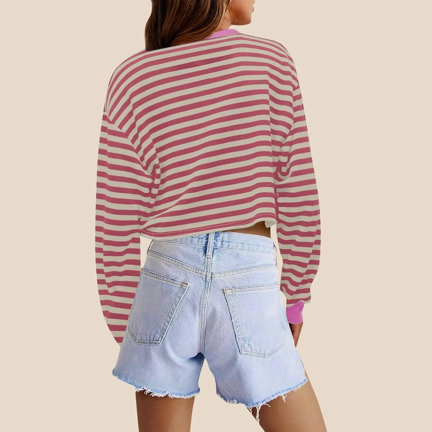 Oversized Sweatshirt for Women Cropped Crewneck Striped Colour Block Pullover Tops Long Sleeve Fleece Top Blouses