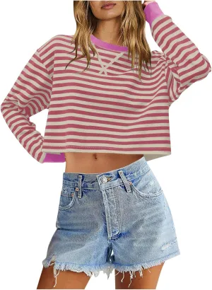 Oversized Sweatshirt for Women Cropped Crewneck Striped Colour Block Pullover Tops Long Sleeve Fleece Top Blouses