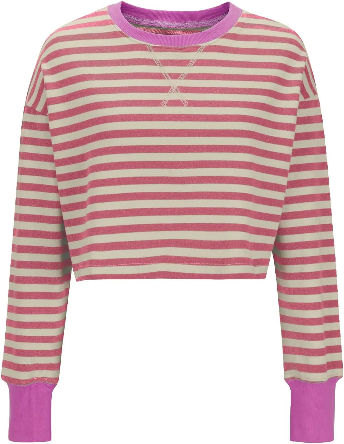 Oversized Sweatshirt for Women Cropped Crewneck Striped Colour Block Pullover Tops Long Sleeve Fleece Top Blouses