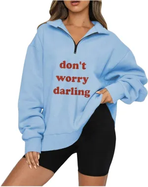 Oversized Sweatshirt For Women Trendy Half Zip Letter Pattern Pullover Long Sleeve Autumn Sweatshirt
