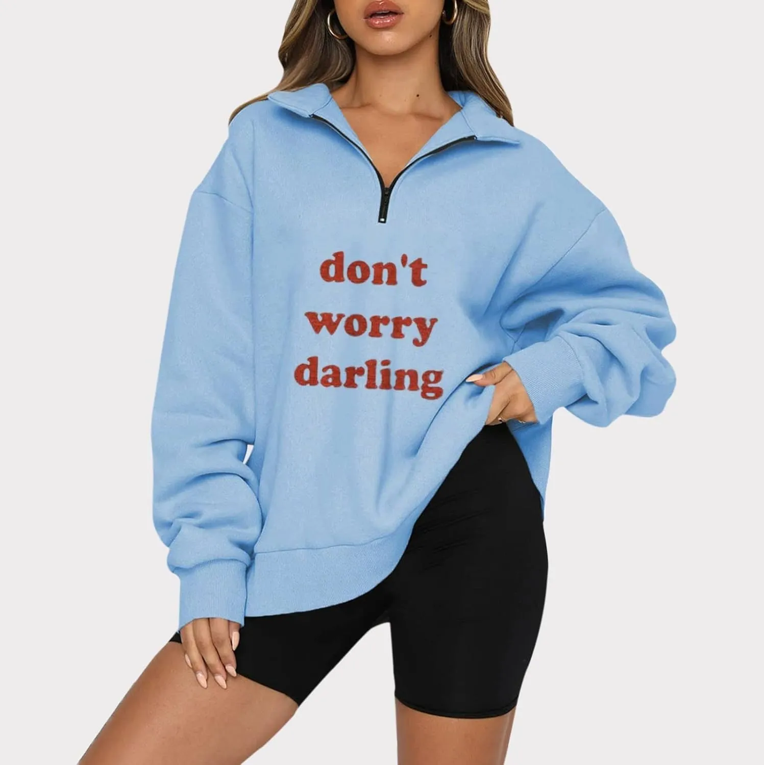 Oversized Sweatshirt For Women Trendy Half Zip Letter Pattern Pullover Long Sleeve Autumn Sweatshirt