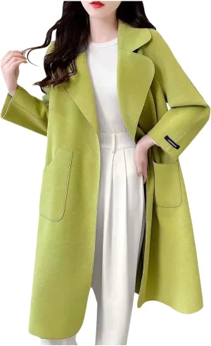 Pea Coats for Women Notched Lapel Collar Long Pea Coats Classic Open Front Wool Blend Jackets Plus Size Trench Coats