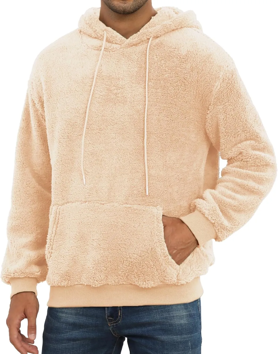 PEGENO Mens Fuzzy Sherpa Hoodie Pullover Sweatshirts Loose Cozy Pocket Long Sleeve Winter Hooded Outwear
