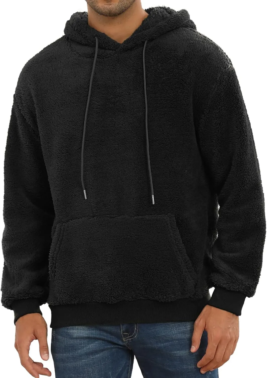 PEGENO Mens Fuzzy Sherpa Hoodie Pullover Sweatshirts Loose Cozy Pocket Long Sleeve Winter Hooded Outwear