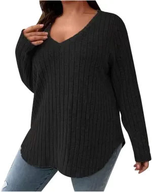 Plus Size Sweaters for Curvy Women V Neck Casual Fall Solid Color Top Lightweight Sweater Fashion 2024 Clothes