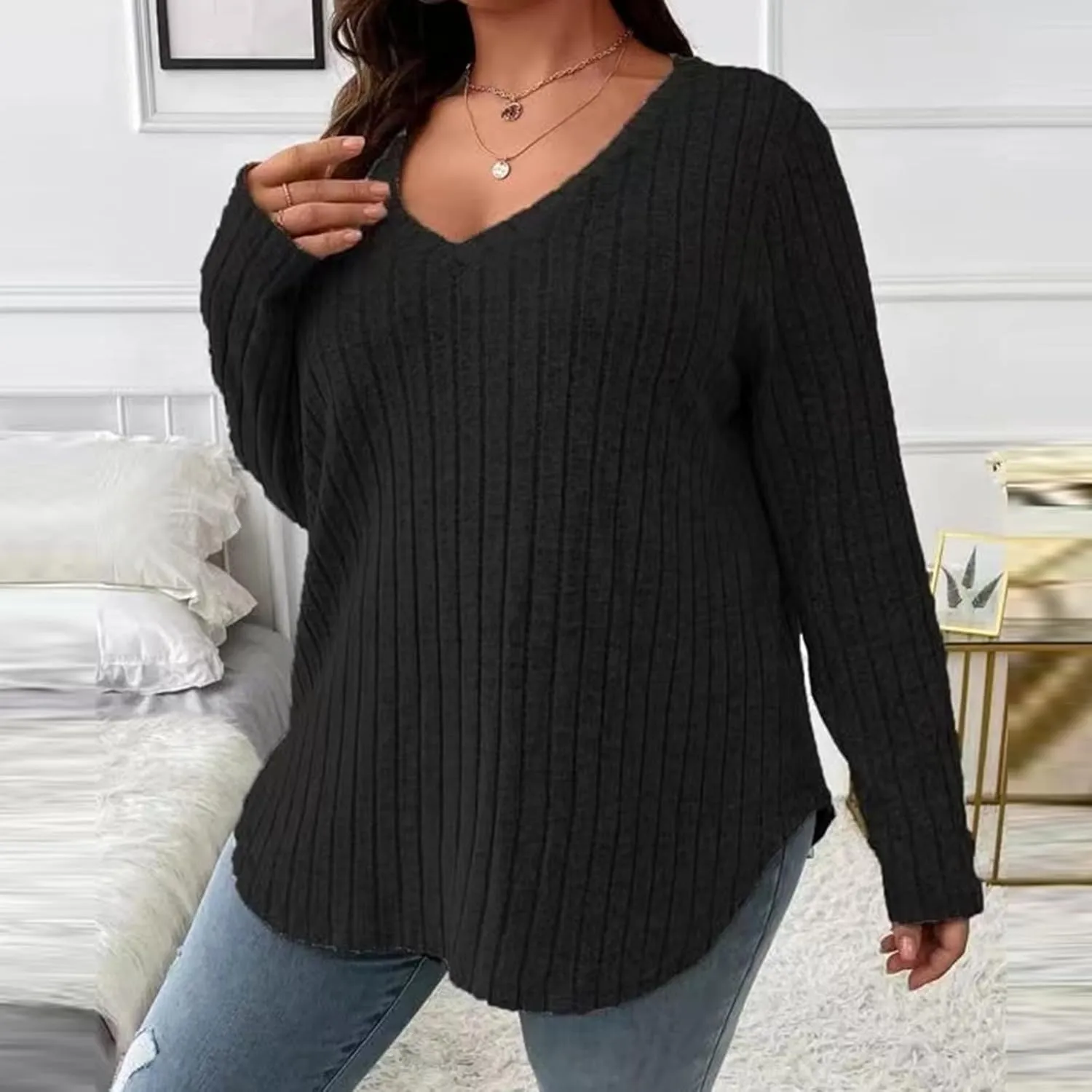 Plus Size Sweaters for Curvy Women V Neck Casual Fall Solid Color Top Lightweight Sweater Fashion 2024 Clothes