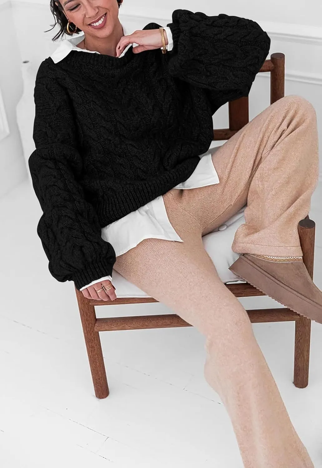 PRETTYGARDEN Womens Sweaters Spring 2025 Cable Knit Long Sleeve Crewneck Oversized Sweater Chunky Pullover Loose Outfits