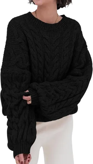PRETTYGARDEN Womens Sweaters Spring 2025 Cable Knit Long Sleeve Crewneck Oversized Sweater Chunky Pullover Loose Outfits