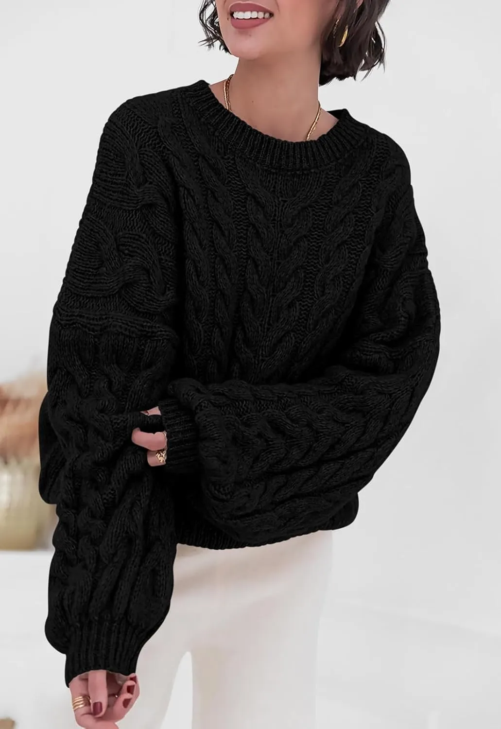 PRETTYGARDEN Womens Sweaters Spring 2025 Cable Knit Long Sleeve Crewneck Oversized Sweater Chunky Pullover Loose Outfits