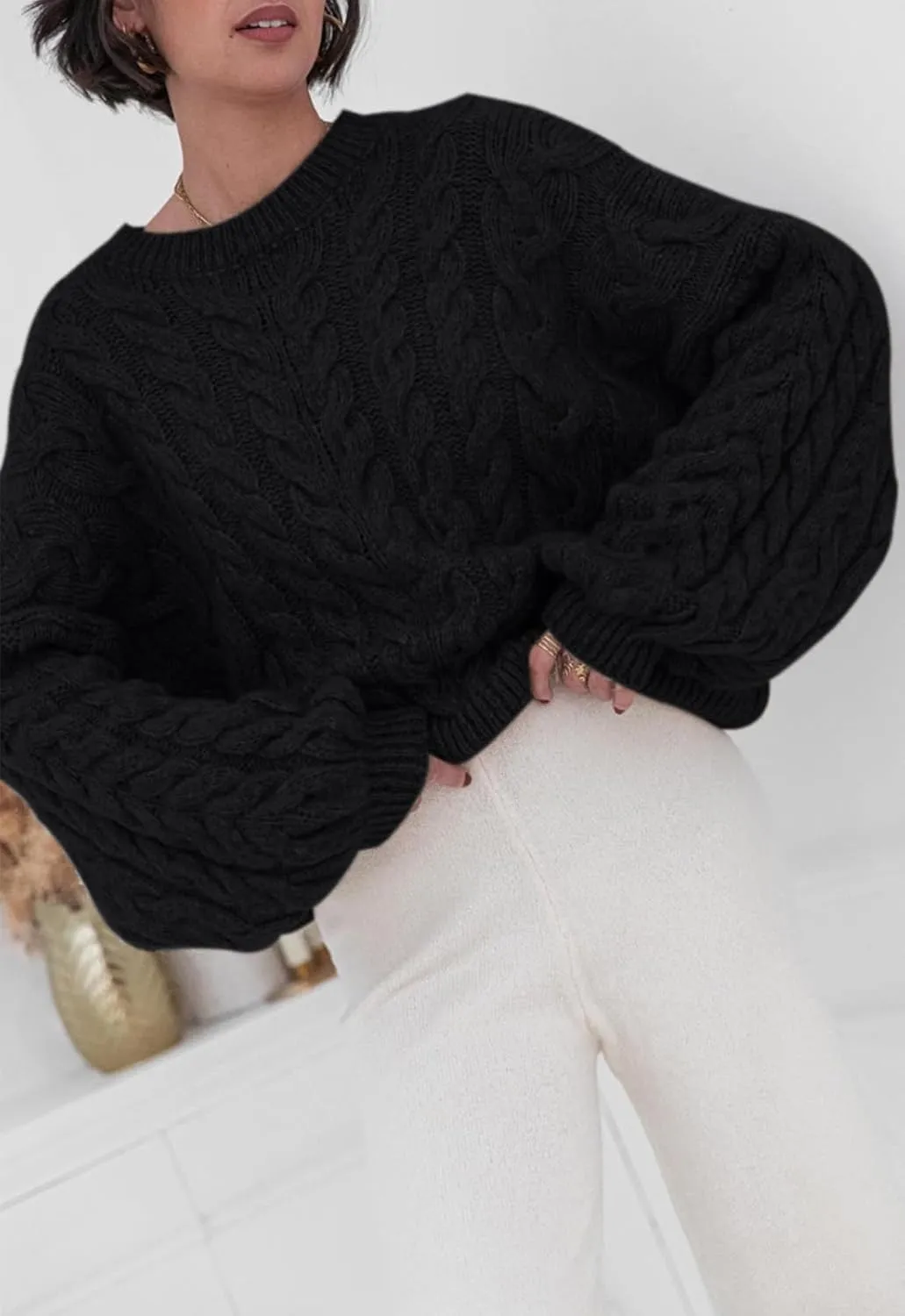 PRETTYGARDEN Womens Sweaters Spring 2025 Cable Knit Long Sleeve Crewneck Oversized Sweater Chunky Pullover Loose Outfits
