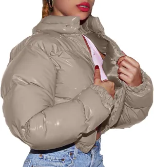 Puffer Jacket for Women Long Sleeve Y2K Full Zip Up Plain Short Down Coat Crop Length Casual Chunky Loose Fit Dowm Jacket