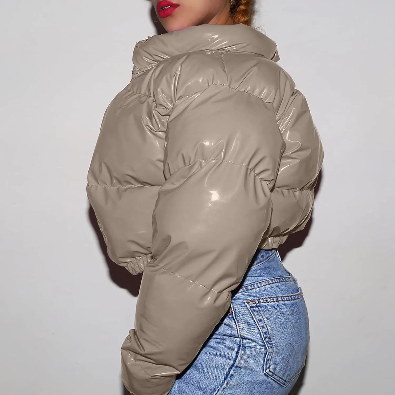 Puffer Jacket for Women Long Sleeve Y2K Full Zip Up Plain Short Down Coat Crop Length Casual Chunky Loose Fit Dowm Jacket