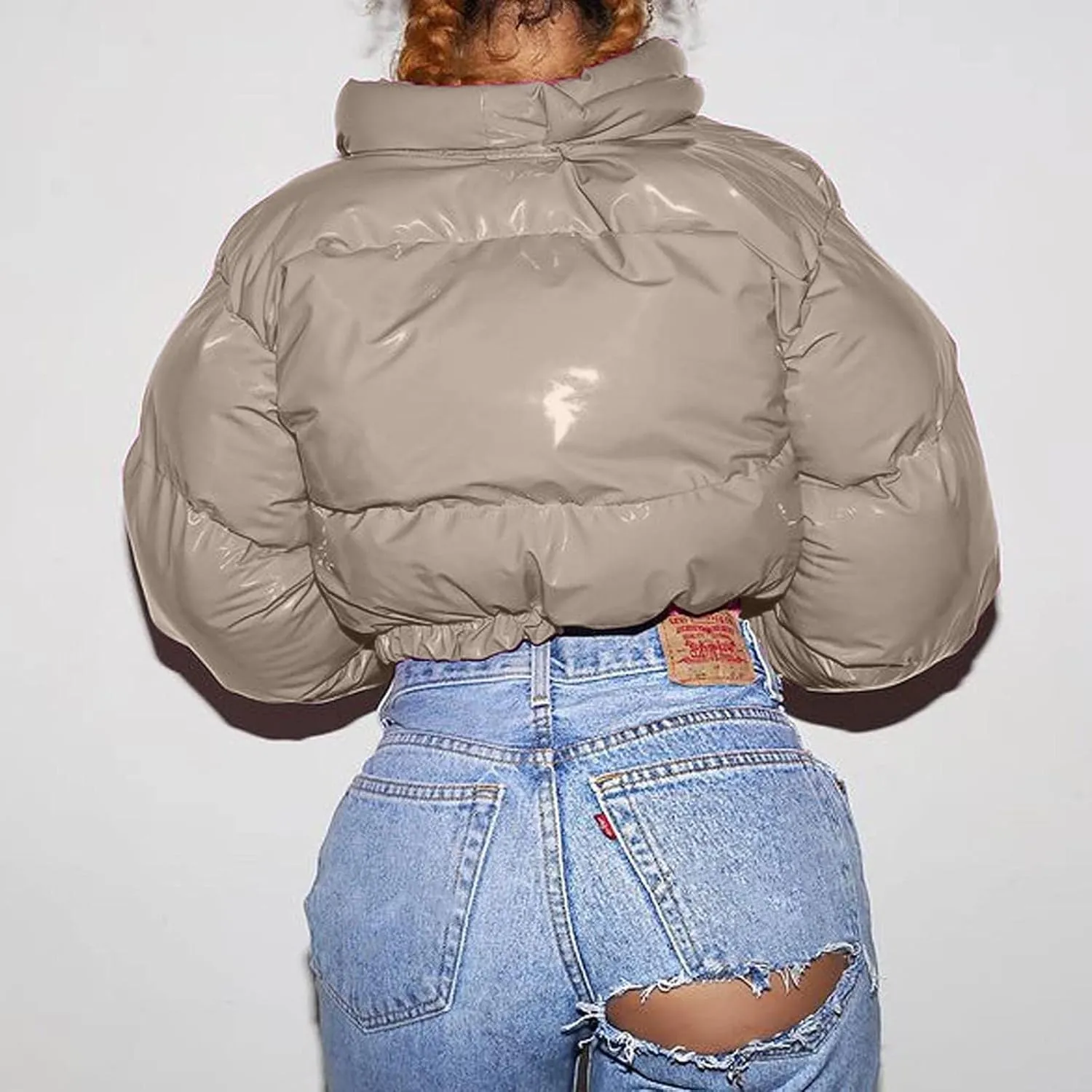 Puffer Jacket for Women Long Sleeve Y2K Full Zip Up Plain Short Down Coat Crop Length Casual Chunky Loose Fit Dowm Jacket