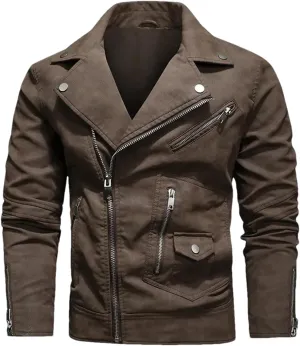 Pulcykp Mens Zipper Leather Jackets Winter Warm Casual Motorcycle PU Leather Jacket Biker Leather Coats