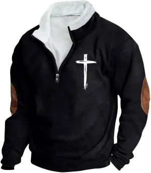 Quarter Zipper Sweatshirts for Men Fashion Grunge Hoodie Funny Cross Graphic Tops Pullover Fleece Hoodie Relaxed Fit