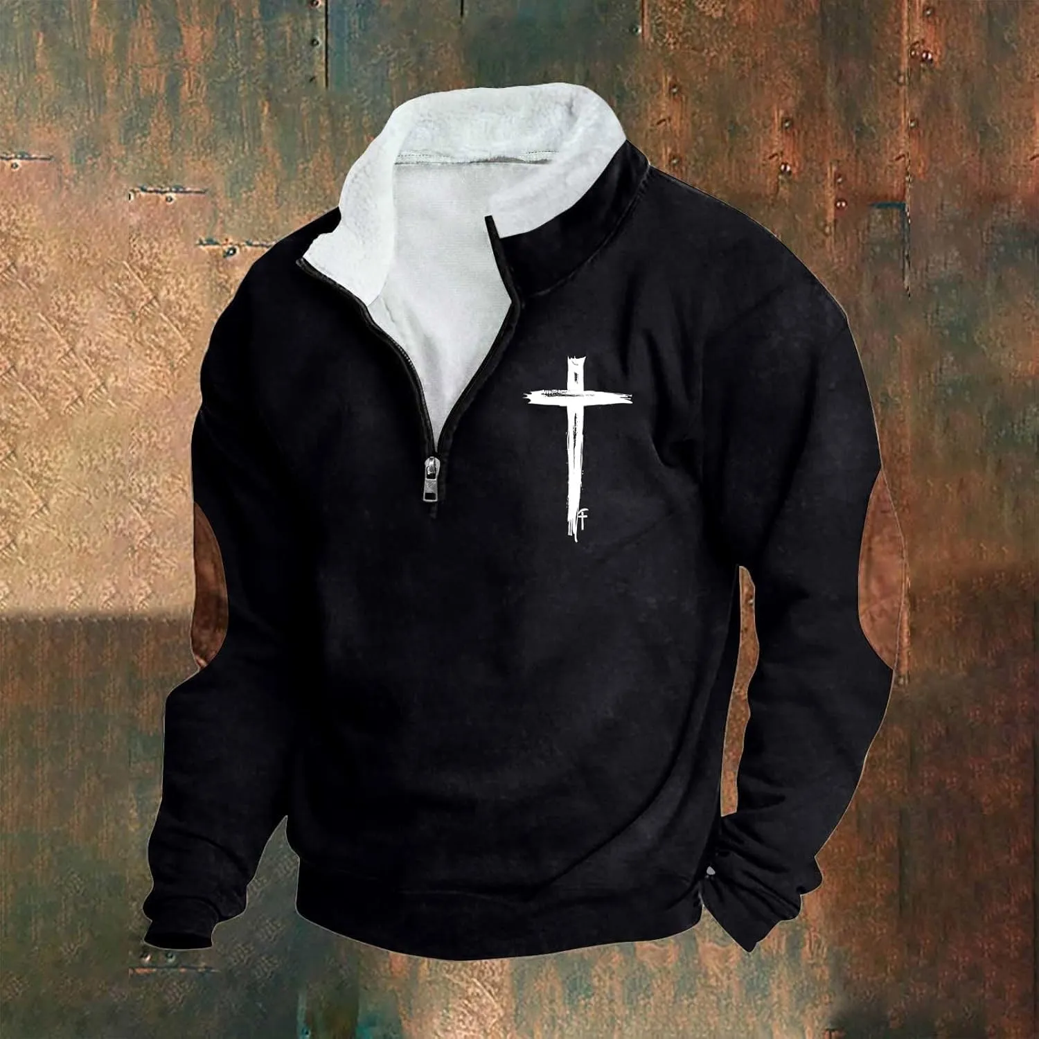Quarter Zipper Sweatshirts for Men Fashion Grunge Hoodie Funny Cross Graphic Tops Pullover Fleece Hoodie Relaxed Fit