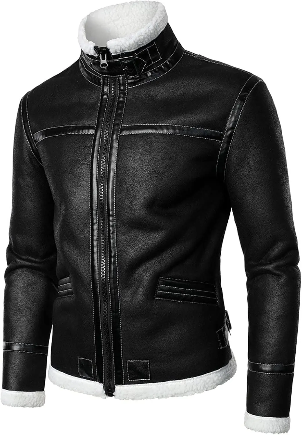 QWENTMTNTY Mens Fashion Faux Leather Jacket Sherpa Lined Winter Biker Motorcycle Jackets Patchwork Shearling Biker Coats
