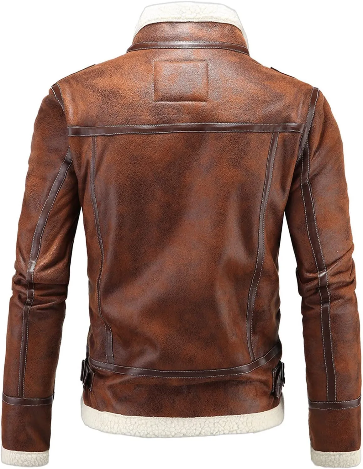 QWENTMTNTY Mens Fashion Faux Leather Jacket Sherpa Lined Winter Biker Motorcycle Jackets Patchwork Shearling Biker Coats