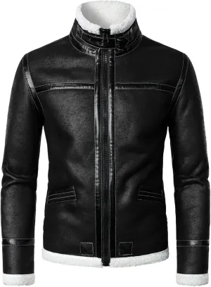 QWENTMTNTY Mens Fashion Faux Leather Jacket Sherpa Lined Winter Biker Motorcycle Jackets Patchwork Shearling Biker Coats